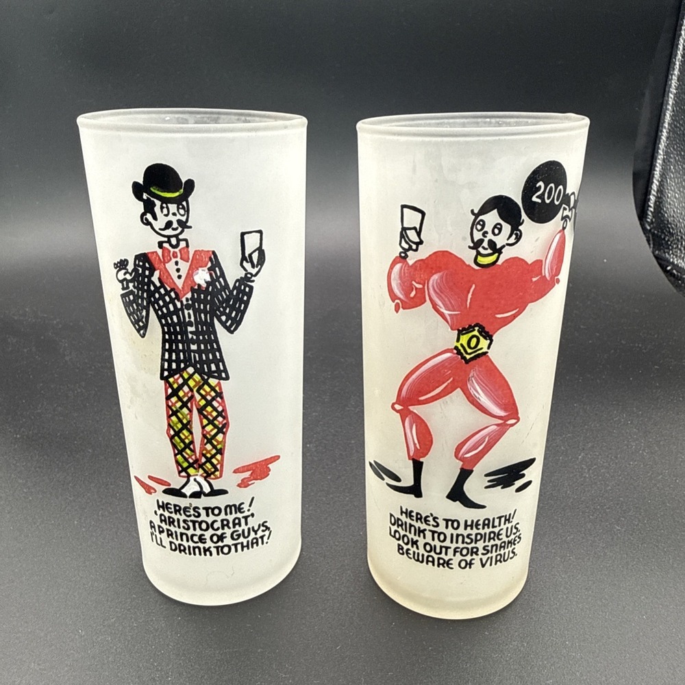 Vintage Federal Glass Set Of 2 "Gay Fad" Of The 20's-30's Frosted With Graphics